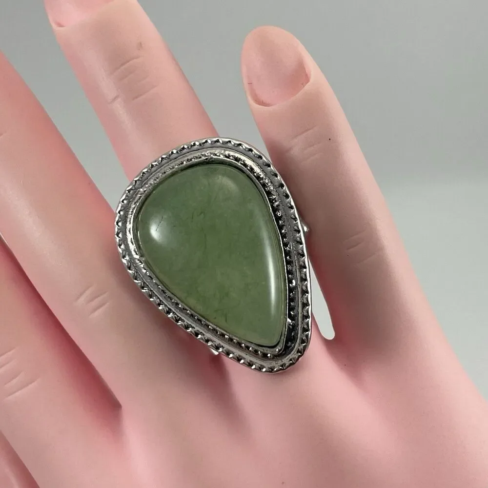 Aventurine Stone Tear Drop Cut Silver Tone Boho Stretch Ring Statement Sz 7 - 10